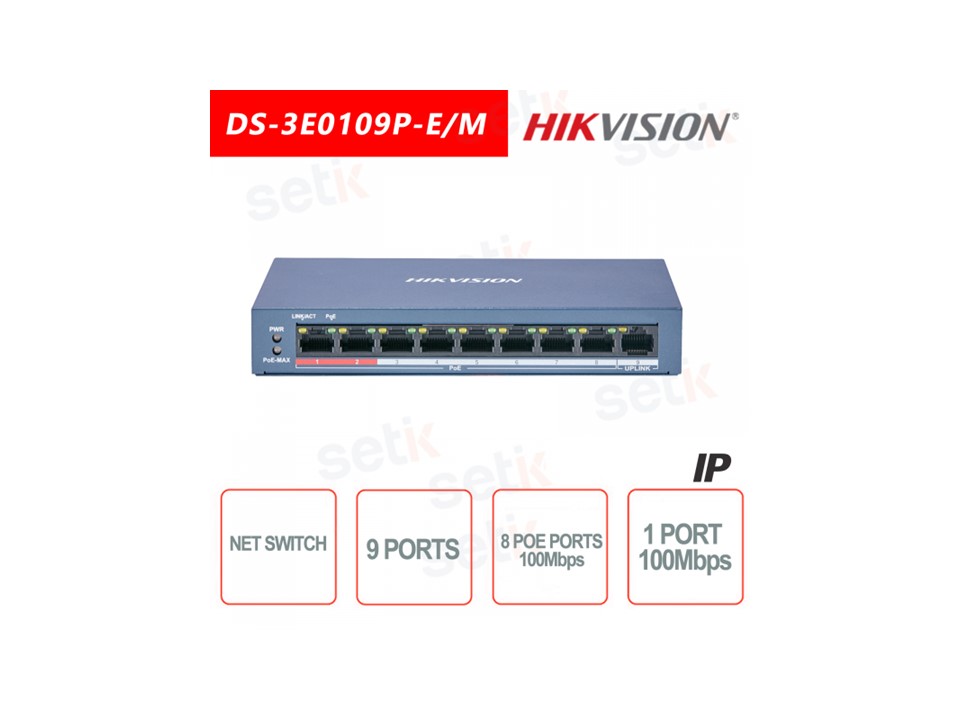 Switch PoE Hikvision de 9 Puertos (8 PoE + 1 Uplink)